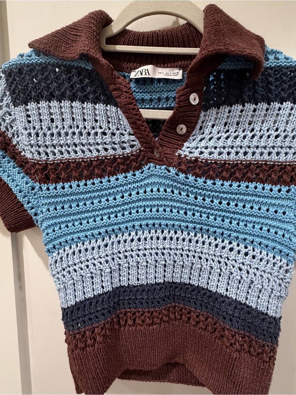 Zara Brown and Light Blue Striped Crochet Polo Top - Picture 1 of 4
